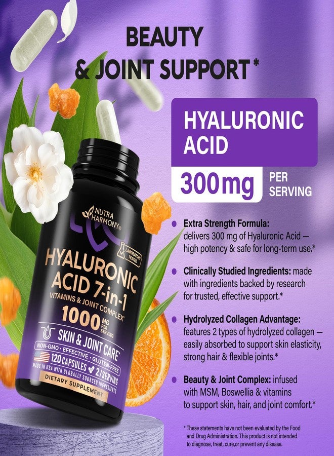 NUTRAHARMONY Hyaluronic Acid Supplements 1000 mg - Collagen | MSM | Boswellia | Vitamin D3, C & E - Hyaluronic Acid Capsules - Skin Hydratation & Joint Comfort Support - 7-in-1 Complex - Made in USA - 120 Capsules - Image 3