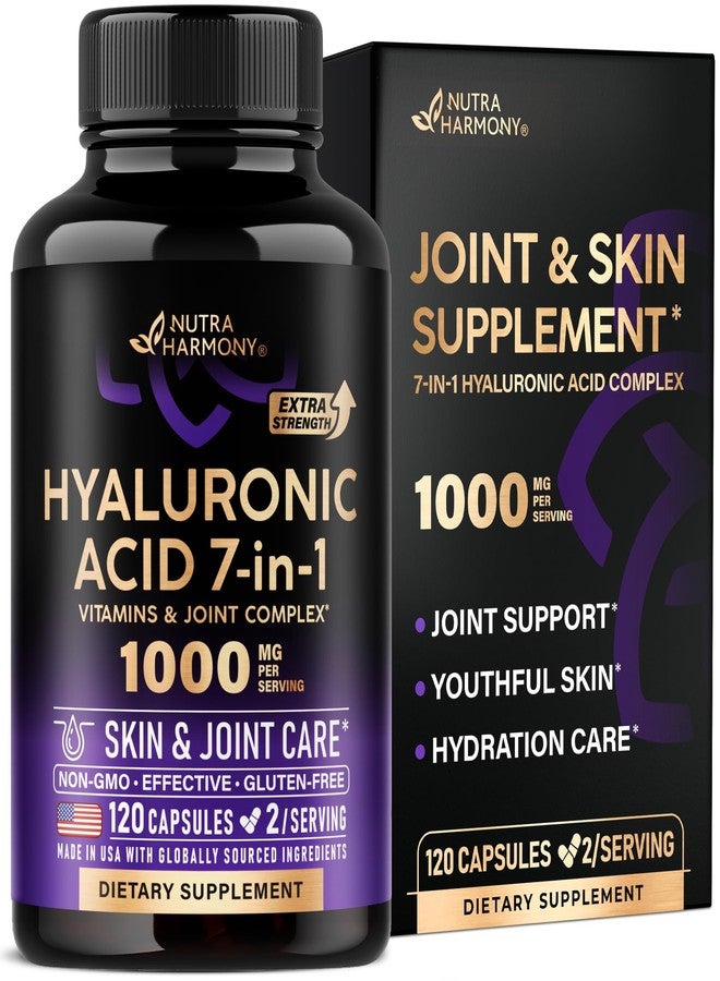 NUTRAHARMONY Hyaluronic Acid Supplements 1000 mg - Collagen | MSM | Boswellia | Vitamin D3, C & E - Hyaluronic Acid Capsules - Skin Hydratation & Joint Comfort Support - 7-in-1 Complex - Made in USA - 120 Capsules - Image 1