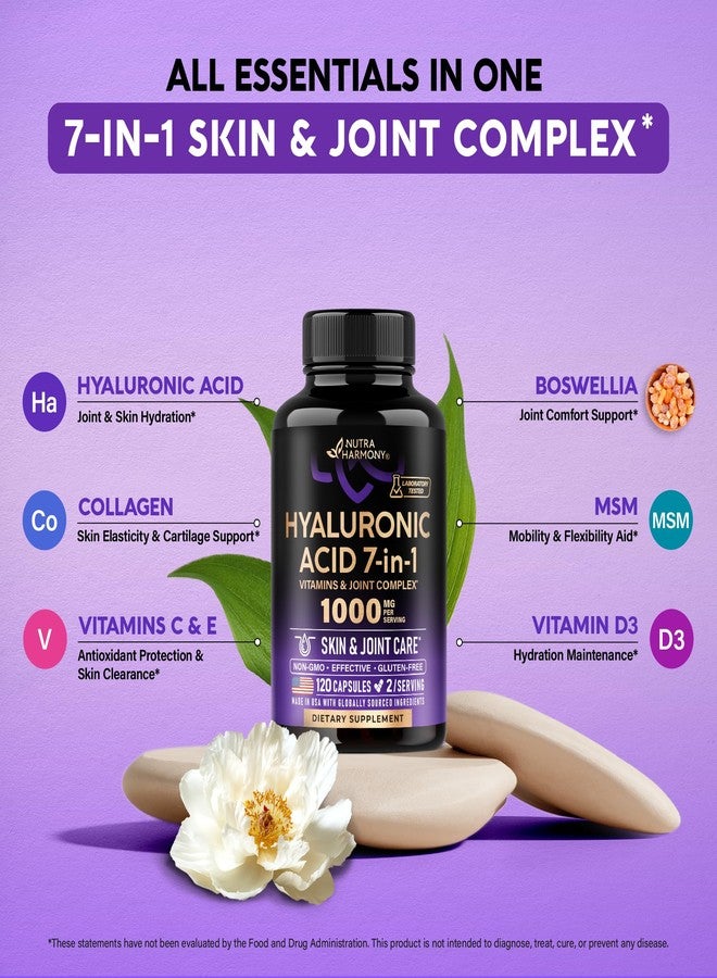 NUTRAHARMONY Hyaluronic Acid Supplements 1000 mg - Collagen | MSM | Boswellia | Vitamin D3, C & E - Hyaluronic Acid Capsules - Skin Hydratation & Joint Comfort Support - 7-in-1 Complex - Made in USA - 120 Capsules - Image 4