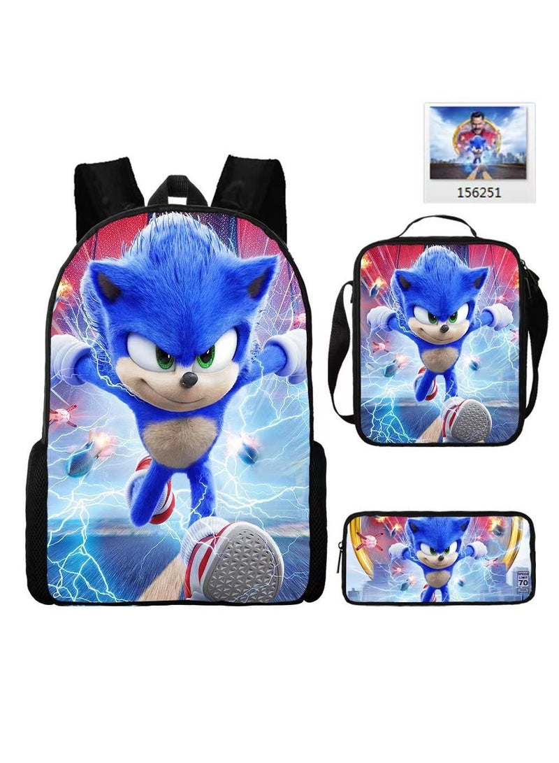 Sonic student large capacity backpack three piece set, anime cartoon backpack, shoulder bag pen bag