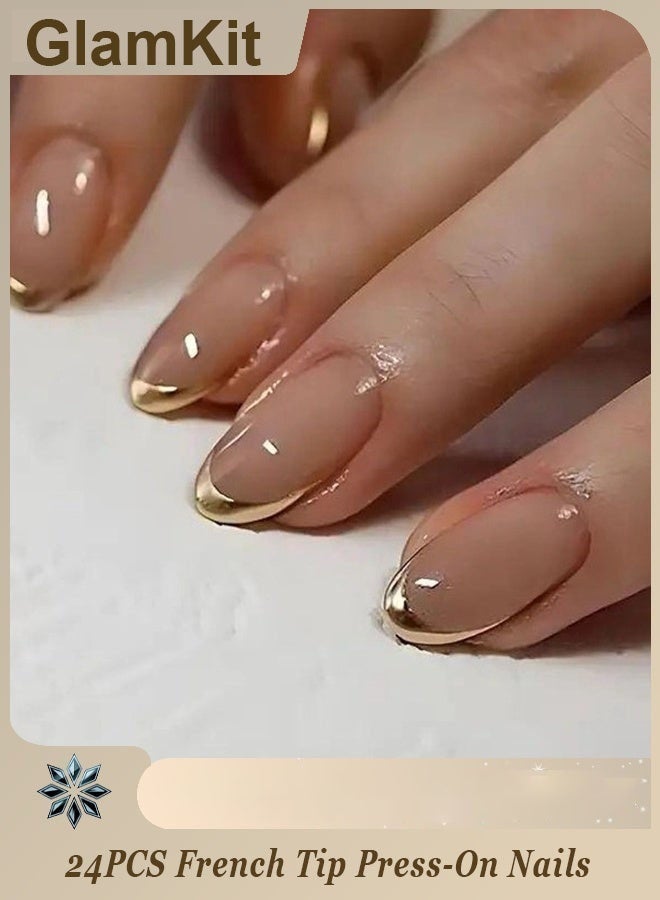 GlamKit 24PCS French Tip Press-On Nails – Short Oval Gold French Acrylic False Nails, Nude Glossy Full Cover, Reusable Glue-On Artificial Stick-On Nails for Women & Girls - Image 1