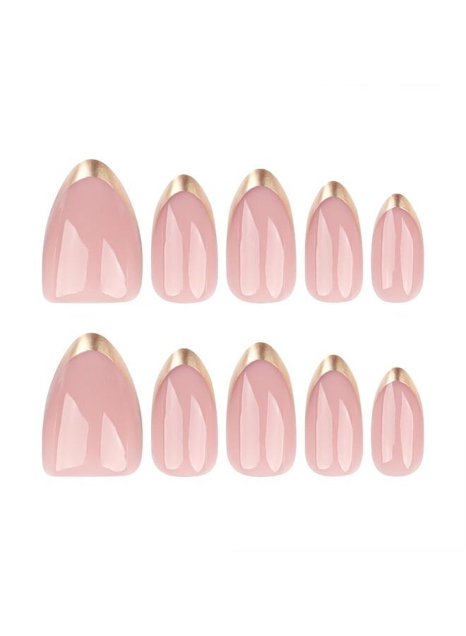 GlamKit 24PCS French Tip Press-On Nails – Short Oval Gold French Acrylic False Nails, Nude Glossy Full Cover, Reusable Glue-On Artificial Stick-On Nails for Women & Girls - Image 3