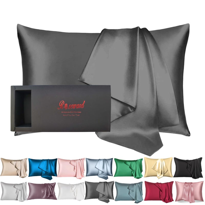 ROSEWARD 100% Mulberry Silk Pillowcase for Hair and Skin Made in USA  22 Momme Silk Pillow Case King with Zipper  Hypoallergenic  Anti Acne  1pc King Size 20""x36"" (King  Slate Grey) - Image 1