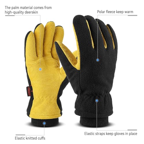 OZERO Winter Gloves for Men Women: Water-Resistant Windproof Insulated Work Gloves Leather Palm for Cold Weather Driving, Shoveling Snow, Hiking (Tan-Black, Large) - Image 3