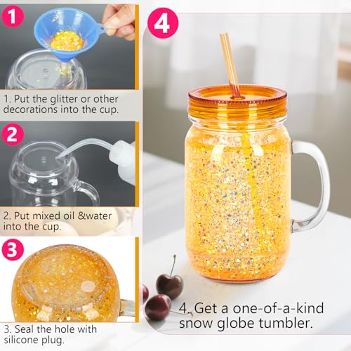 Micellwuu 20 Oz 8 Pack Acrylic Snowglobe Tumbler With Handle, Snow Globe Cups with Pre Drilled Hole, Double Wall Plastic Mason Jars with Handle for Snow Globe Glitter DIY (Colorful Lids) - Image 5