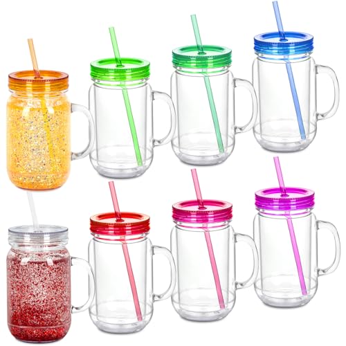 Micellwuu 20 Oz 8 Pack Acrylic Snowglobe Tumbler With Handle, Snow Globe Cups with Pre Drilled Hole, Double Wall Plastic Mason Jars with Handle for Snow Globe Glitter DIY (Colorful Lids) - Image 1