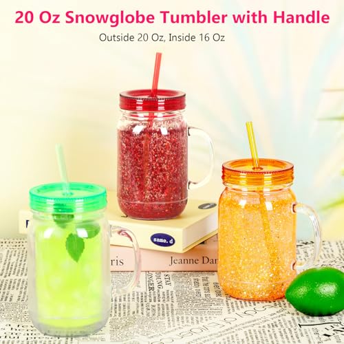 Micellwuu 20 Oz 8 Pack Acrylic Snowglobe Tumbler With Handle, Snow Globe Cups with Pre Drilled Hole, Double Wall Plastic Mason Jars with Handle for Snow Globe Glitter DIY (Colorful Lids) - Image 4