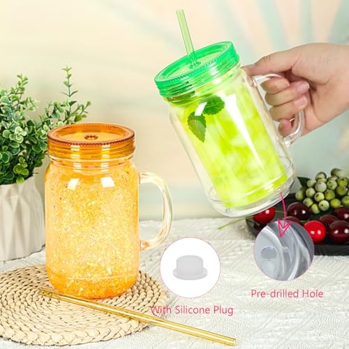 Micellwuu 20 Oz 8 Pack Acrylic Snowglobe Tumbler With Handle, Snow Globe Cups with Pre Drilled Hole, Double Wall Plastic Mason Jars with Handle for Snow Globe Glitter DIY (Colorful Lids) - Image 3