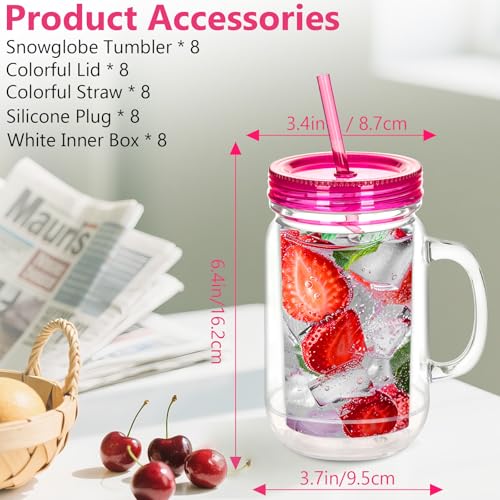 Micellwuu 20 Oz 8 Pack Acrylic Snowglobe Tumbler With Handle, Snow Globe Cups with Pre Drilled Hole, Double Wall Plastic Mason Jars with Handle for Snow Globe Glitter DIY (Colorful Lids) - Image 2