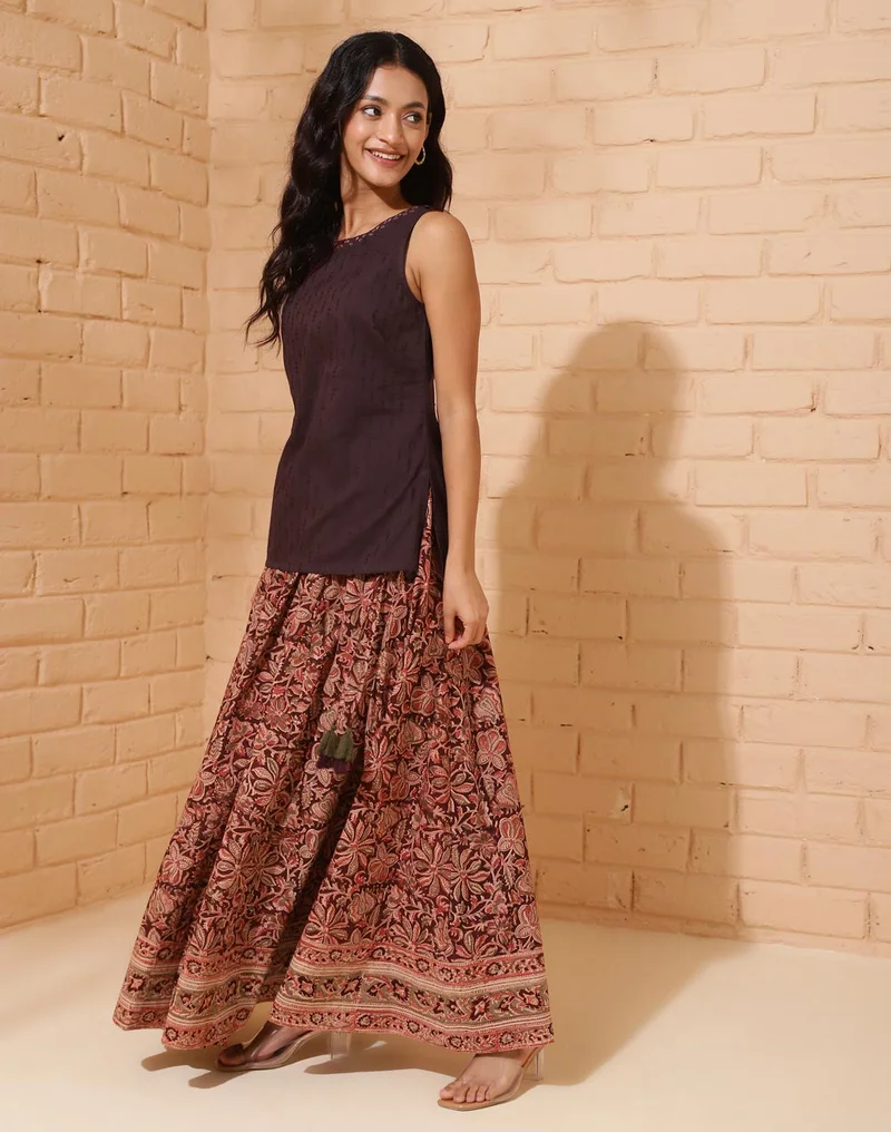 فاب انديا Brown Cotton Printed Skirt & short kurta