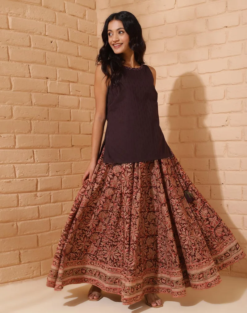 فاب انديا Brown Cotton Printed Skirt & short kurta