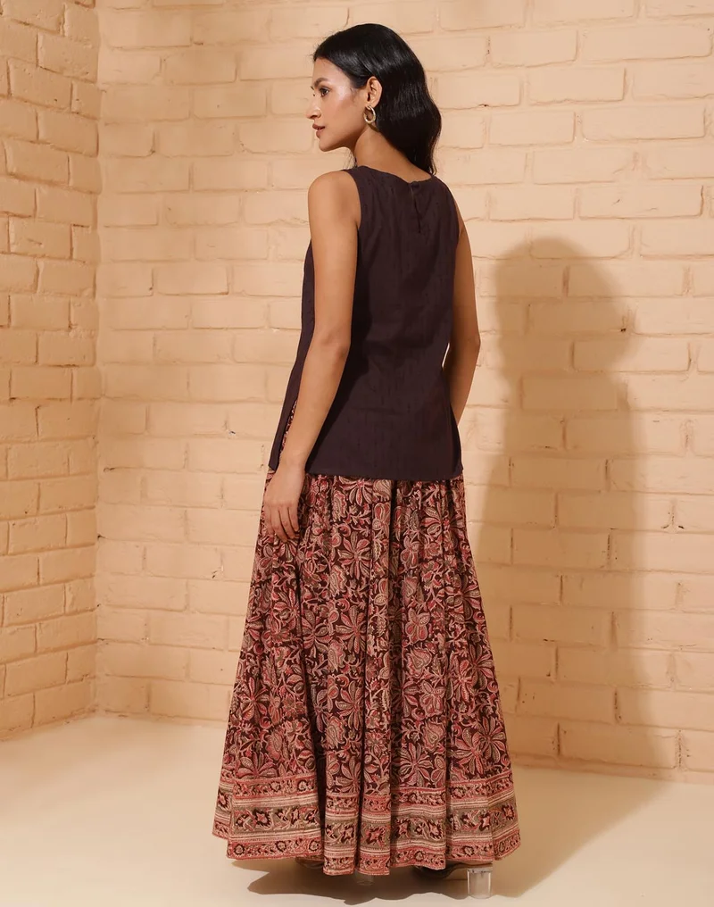 فاب انديا Brown Cotton Printed Skirt & short kurta