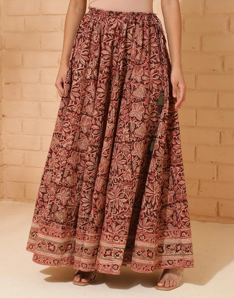 فاب انديا Brown Cotton Printed Skirt & short kurta