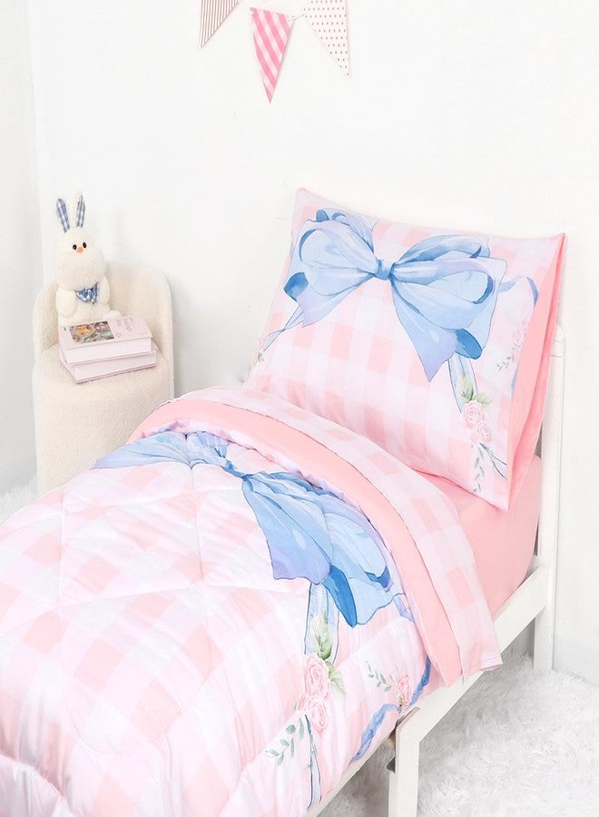 DILIMI Toddler Bedding Set for Girls, Pink Gingham Bow Toddler Comforter Set, 4 Pieces Soft Toddler Bed Set Include Comforter, Fitted Sheet, Flat Sheet, Pillowcase, Pink Checkered - Image 2