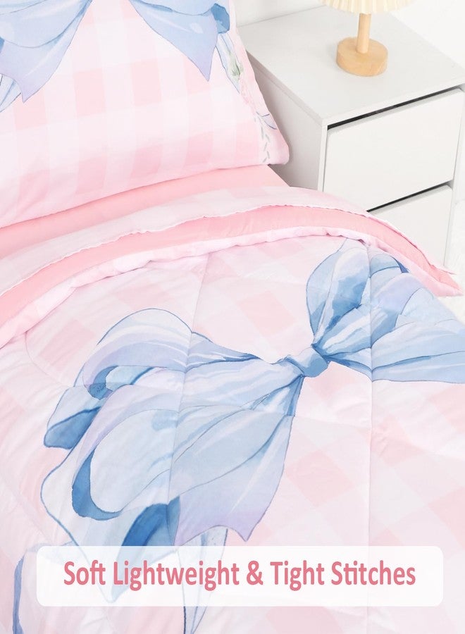 DILIMI Toddler Bedding Set for Girls, Pink Gingham Bow Toddler Comforter Set, 4 Pieces Soft Toddler Bed Set Include Comforter, Fitted Sheet, Flat Sheet, Pillowcase, Pink Checkered - Image 3