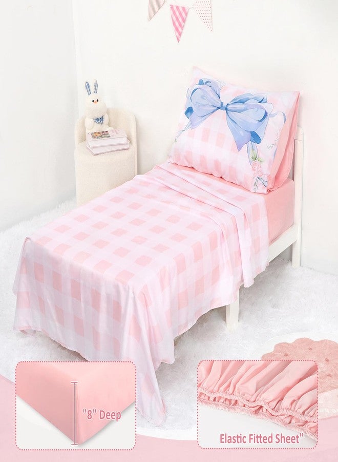 DILIMI Toddler Bedding Set for Girls, Pink Gingham Bow Toddler Comforter Set, 4 Pieces Soft Toddler Bed Set Include Comforter, Fitted Sheet, Flat Sheet, Pillowcase, Pink Checkered - Image 4