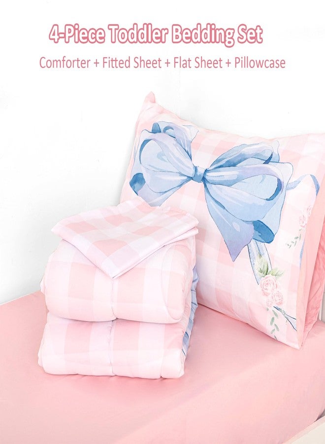 DILIMI Toddler Bedding Set for Girls, Pink Gingham Bow Toddler Comforter Set, 4 Pieces Soft Toddler Bed Set Include Comforter, Fitted Sheet, Flat Sheet, Pillowcase, Pink Checkered - Image 5