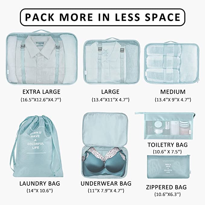 TS WITH TECHSUN 7 Pcs Travel Organizer Pouch Packing Cubes for Clothes Space Savers Bags Cosmetics/Underwear/Socks/Shoes Toiletry Bag Laundry Organiser (Nylon) (Skyblue) - Image 2
