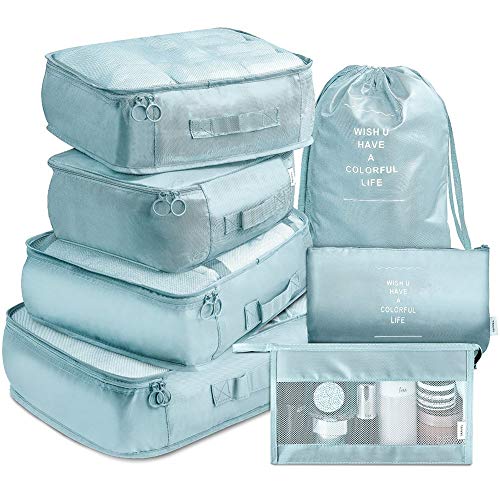 TS WITH TECHSUN 7 Pcs Travel Organizer Pouch Packing Cubes for Clothes Space Savers Bags Cosmetics/Underwear/Socks/Shoes Toiletry Bag Laundry Organiser (Nylon) (Skyblue) - Image 1