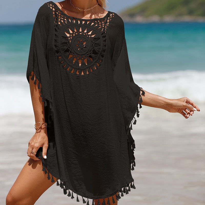 Beach Dress Free Size Black UV Protection Beach Cover-Up - Lightweight Polyester Fabric Color Patchwork Dress for Beach Vacation Outdoor Summer Outings - Image 1