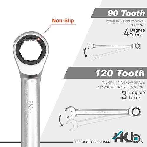 HB 7Piece 90Tooth 120Tooth SAE Ratchet Wrench Set 5161116 NonSlip Grip Plus 3 4 Arc Swing Chrome Vanadium Steel MicroChrome Finish Storage Rack Made in Taiwan WGS001U - Image 3