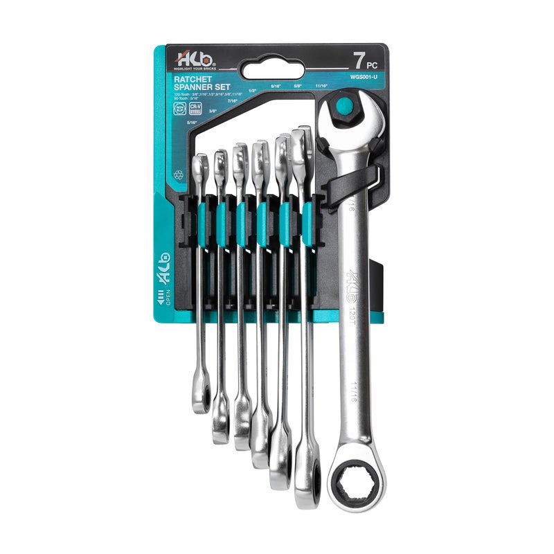 HB 7Piece 90Tooth 120Tooth SAE Ratchet Wrench Set 5161116 NonSlip Grip Plus 3 4 Arc Swing Chrome Vanadium Steel MicroChrome Finish Storage Rack Made in Taiwan WGS001U - Image 2