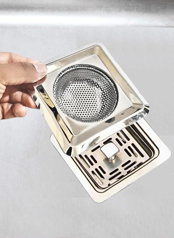 SINGH INDUSTRIES® Stainless Steel Sink Strainer Square Shape, Kitchen Drain Basin Basket Filter Stopper Jali/Drainer - Image 1