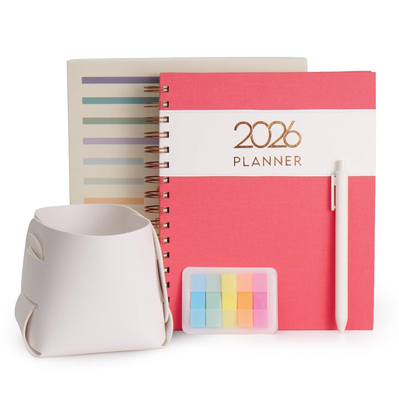 COMMA Wire-O Planner 2026 Gift Set | A5 Size New Year Diary, DIY Pen Stand, Pen and Sticky Notes | Budget & Mood Tracker, Birthdays, Shopping & Reading Lists and Travel Planner | Fabric Cover Material - Pink - Image 1