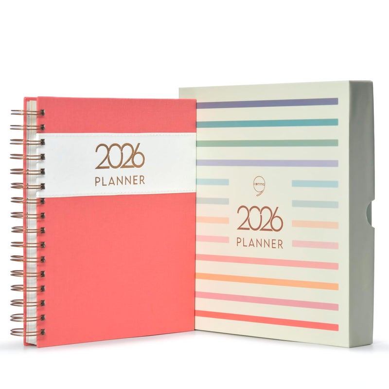 COMMA Wire-O Planner 2026 Gift Set | A5 Size New Year Diary, DIY Pen Stand, Pen and Sticky Notes | Budget & Mood Tracker, Birthdays, Shopping & Reading Lists and Travel Planner | Fabric Cover Material - Pink - Image 2