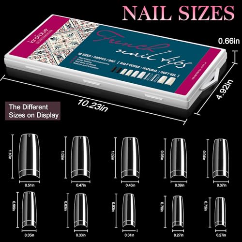 krofaue 500PCS Clear False Nails Tips - Half Cover Lady French Style Acrylic Artificial Tip Manicure with Box of 10 Sizes for Nail Tips Art Salons and Home DIY - Image 2