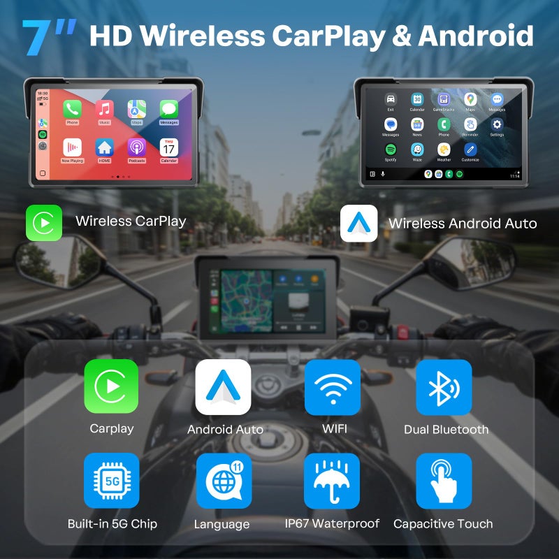 WonVon 7 Inch Wireless Motorcycle Carplay GPS Navigation System with Apple Carplay and Android Auto Portable Screen with Dual Bluetooth, Navigation, Siri, Google Assistant with Magnetic Mount - Image 2