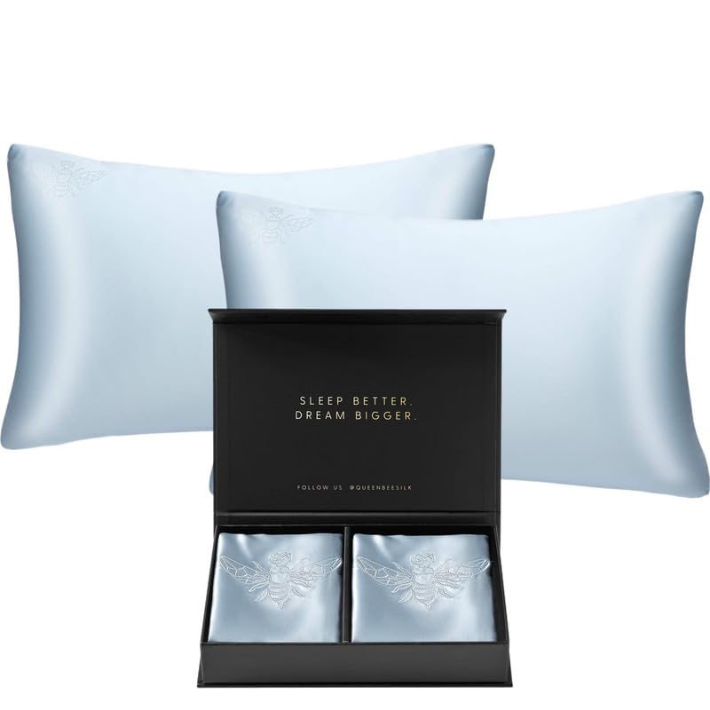 QUEEN BEE SILK - 2 Pack Silk Pillowcase for Hair and Skin - 22 Momme Mulberry Silk - Charmeuse Weave - Envelope Closure - Queen Size - Sky Blue - Image 2