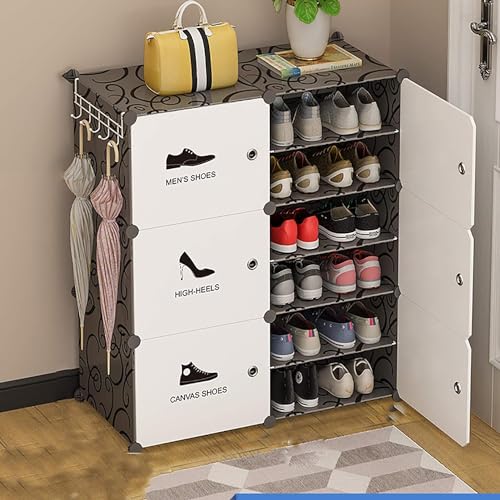 KEEKOS Shoe Rack Multipurpose 5 Shelves Shoe Rack with Zip Door Cover & Side Pockets, Multiuse Wide Shelve,Rack for Footwear, Toys, Clothes (White Black, 12-Layer) - Image 1