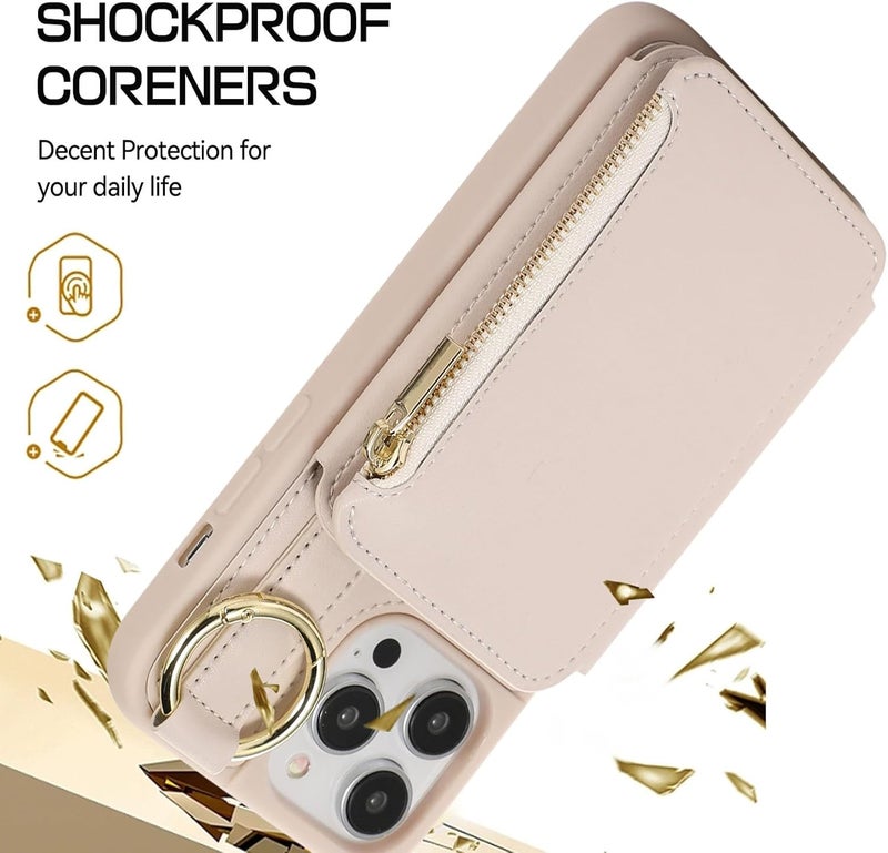 YUANSHXM-Wallet Case for iPhone 16 Pro Max/16 Pro/16 Plus/16, Premium Soft Leather Case with Diagonal Shoulder Strap Zipper Card Slot Cover (16 PROMAX,Pink2) - Image 4