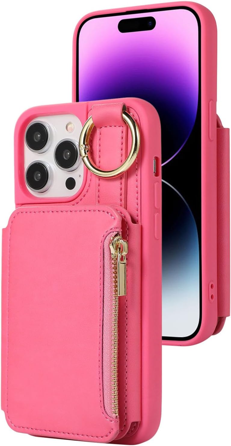 YUANSHXM-Wallet Case for iPhone 16 Pro Max/16 Pro/16 Plus/16, Premium Soft Leather Case with Diagonal Shoulder Strap Zipper Card Slot Cover (16 PROMAX,Pink2) - Image 1
