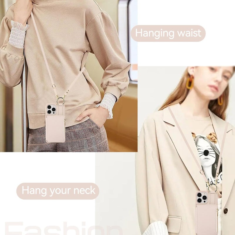 YUANSHXM-Wallet Case for iPhone 16 Pro Max/16 Pro/16 Plus/16, Premium Soft Leather Case with Diagonal Shoulder Strap Zipper Card Slot Cover (16 PROMAX,Pink2) - Image 5