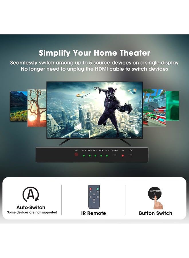 ROOFULL (Newest Version) 5 Port 4K HDMI Switch with Remote 5 in 1 Out 4K@60Hz HDMI 2.0 Video Switcher Selector, Dolby Vision/Atmos Auto-Switching HDCP 2.2 HDR 10 CEC 18Gbps for PS5/4Pro Xbox Apple TV - Image 4