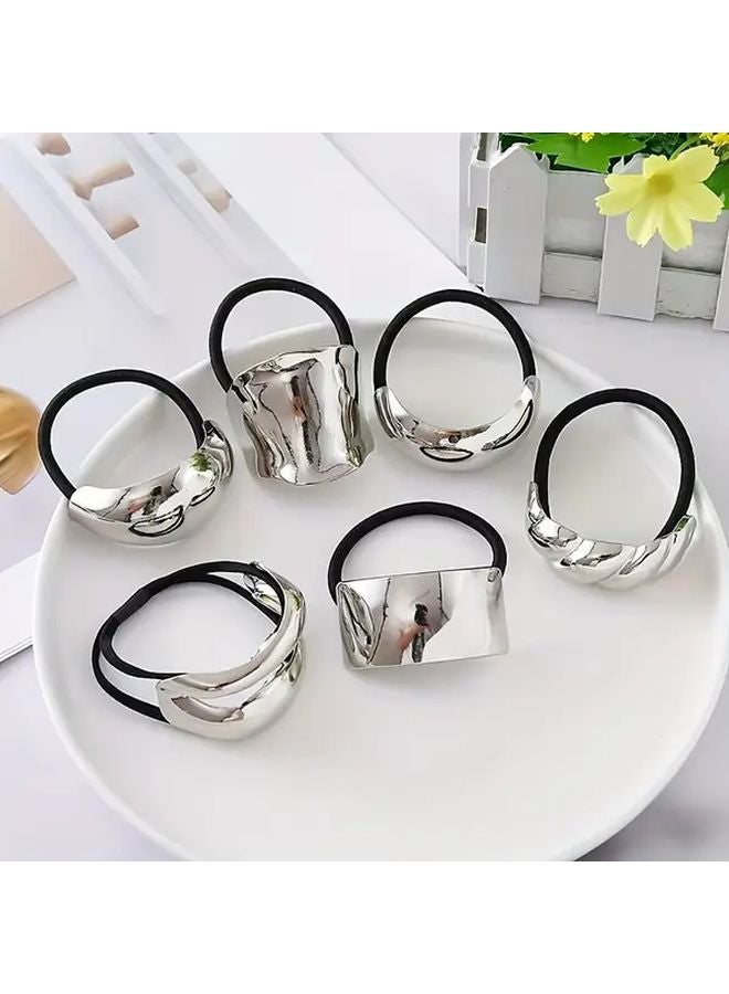 Golden and Silvery Mixed 6 Piece Pack Metal Hair Ribbon Set Geometric Style for Thick Hair High Elasticity Hair Ties - Image 3