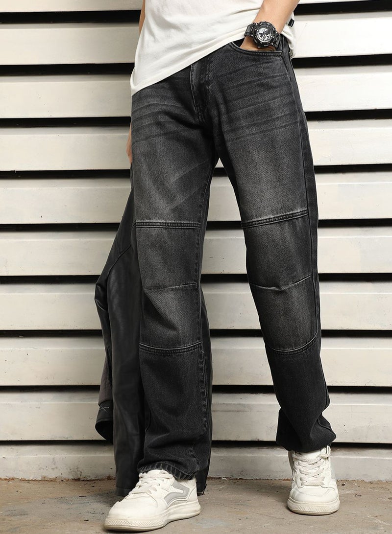 HIGH STAR Men's Black 100% Cotton Bleached Full Length Straight Fit Jeans - Image 1