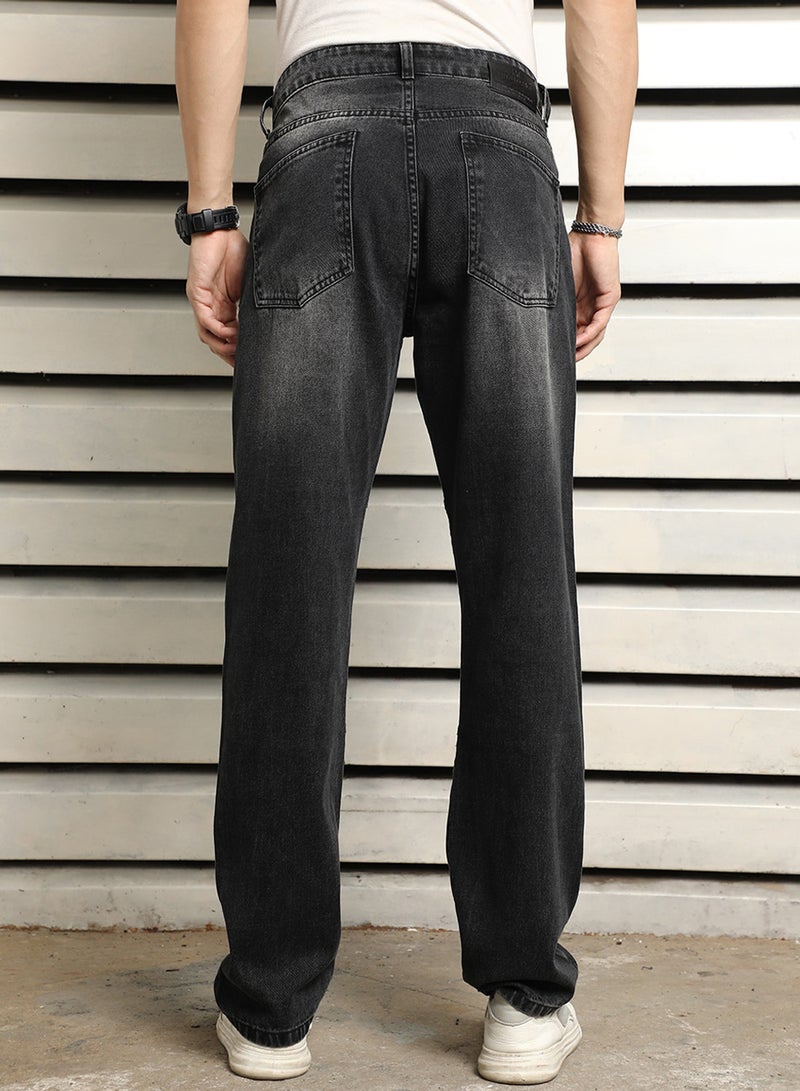 HIGH STAR Men's Black 100% Cotton Bleached Full Length Straight Fit Jeans - Image 4