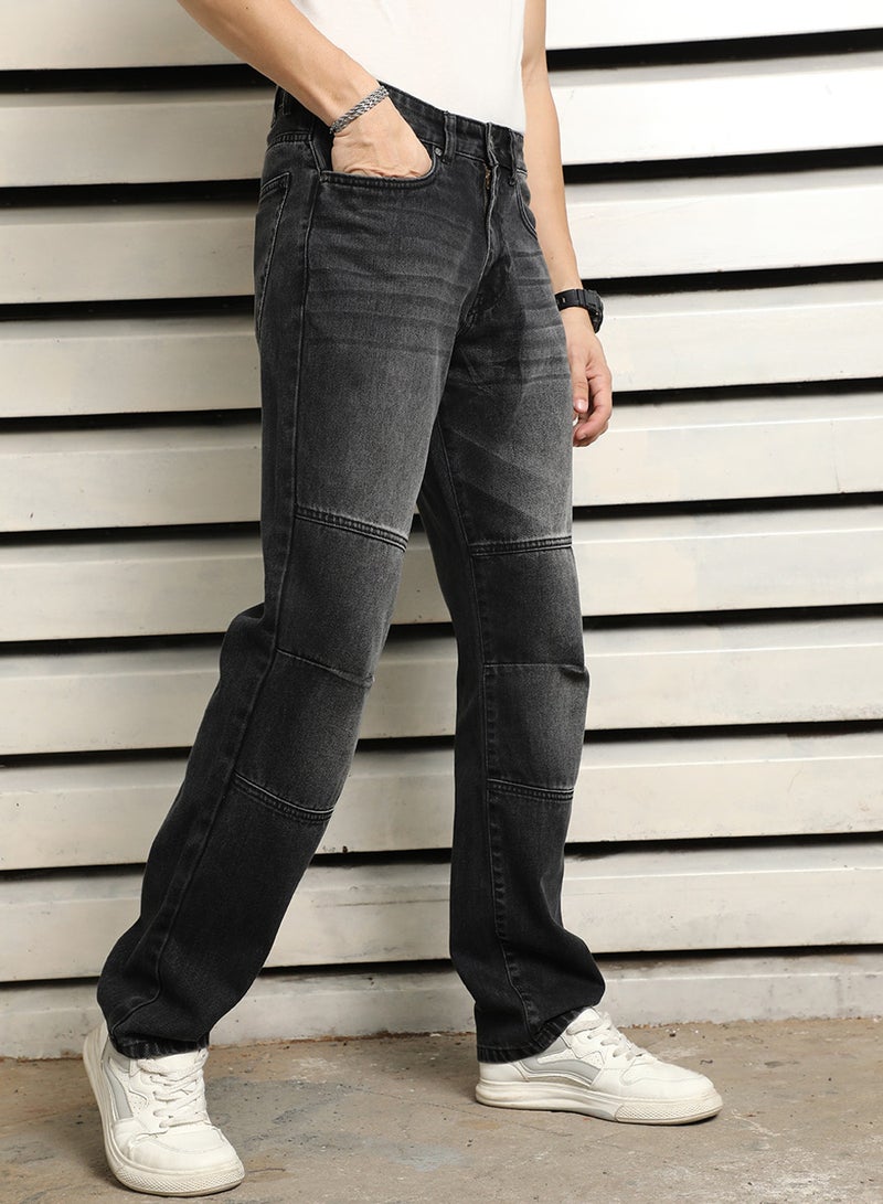 HIGH STAR Men's Black 100% Cotton Bleached Full Length Straight Fit Jeans - Image 3