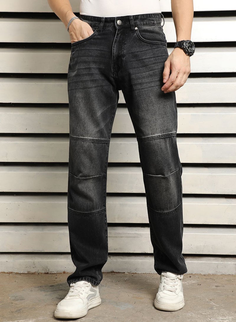 HIGH STAR Men's Black 100% Cotton Bleached Full Length Straight Fit Jeans - Image 2