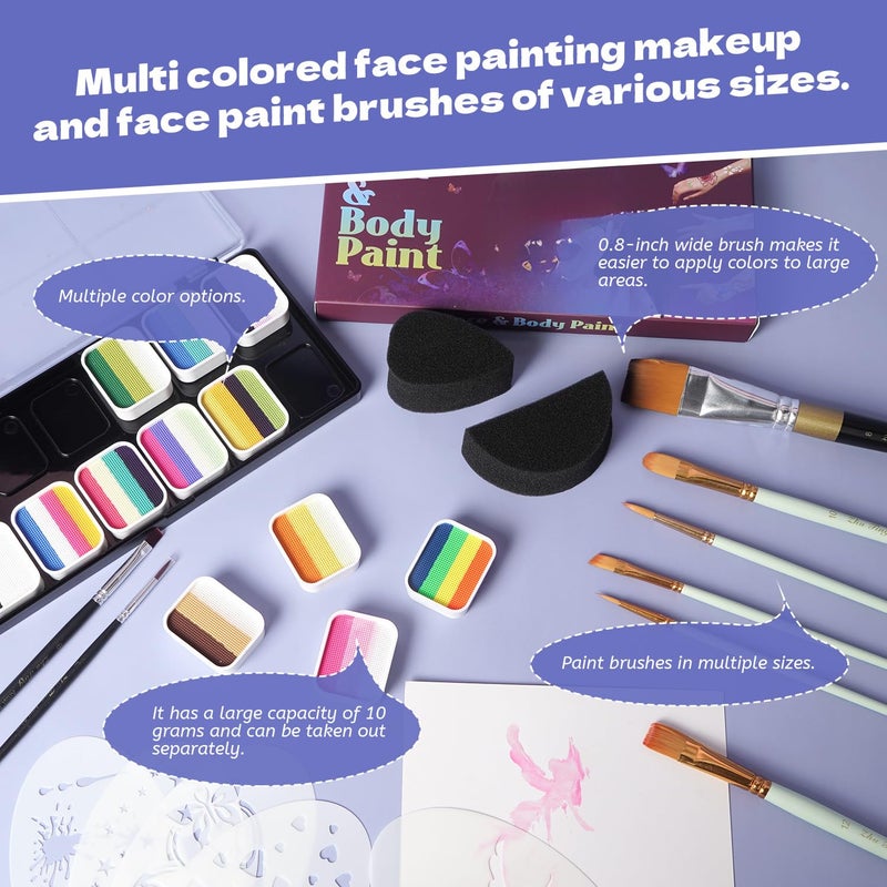 Pintada 120g Large Capacity Face Painting Kit for Party - 12 x 10g Non Toxic Water Activated Face Paint Palette with Brush, Stencil, Gem, Sponge. For Halloween , Carnival, Party, Festivals & Events. - Image 5
