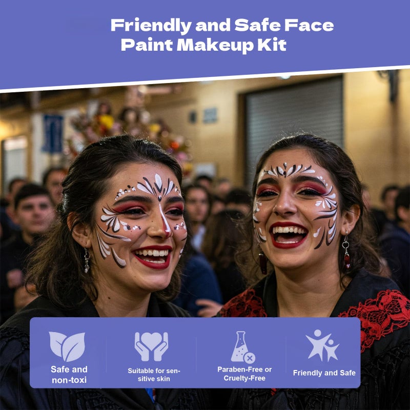 Pintada 120g Large Capacity Face Painting Kit for Party - 12 x 10g Non Toxic Water Activated Face Paint Palette with Brush, Stencil, Gem, Sponge. For Halloween , Carnival, Party, Festivals & Events. - Image 3