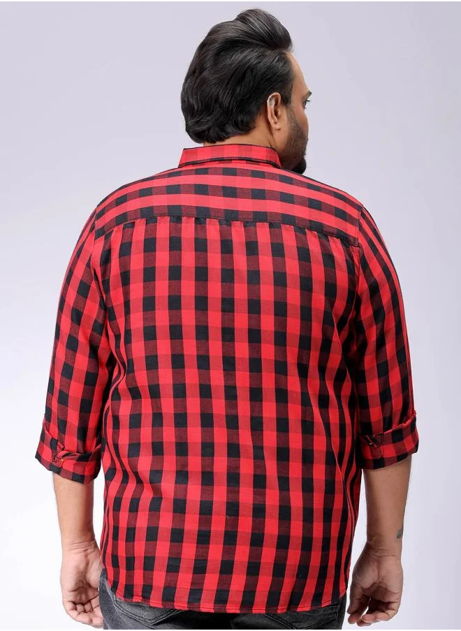 هاردسودا Men Plus Size Regular Fit Checkered Cutaway Collar Full Sleeves Casual Shirt