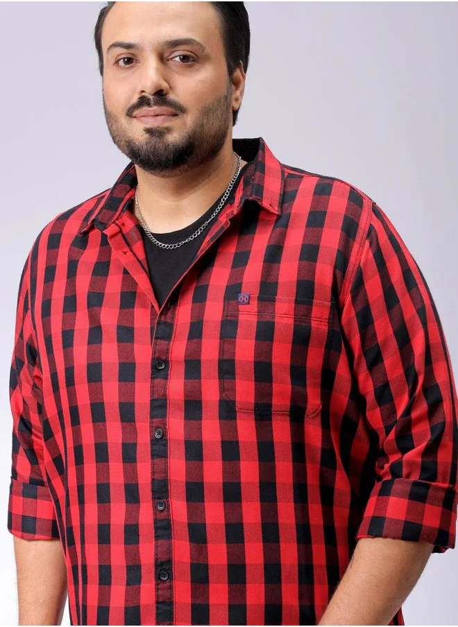 هاردسودا Men Plus Size Regular Fit Checkered Cutaway Collar Full Sleeves Casual Shirt