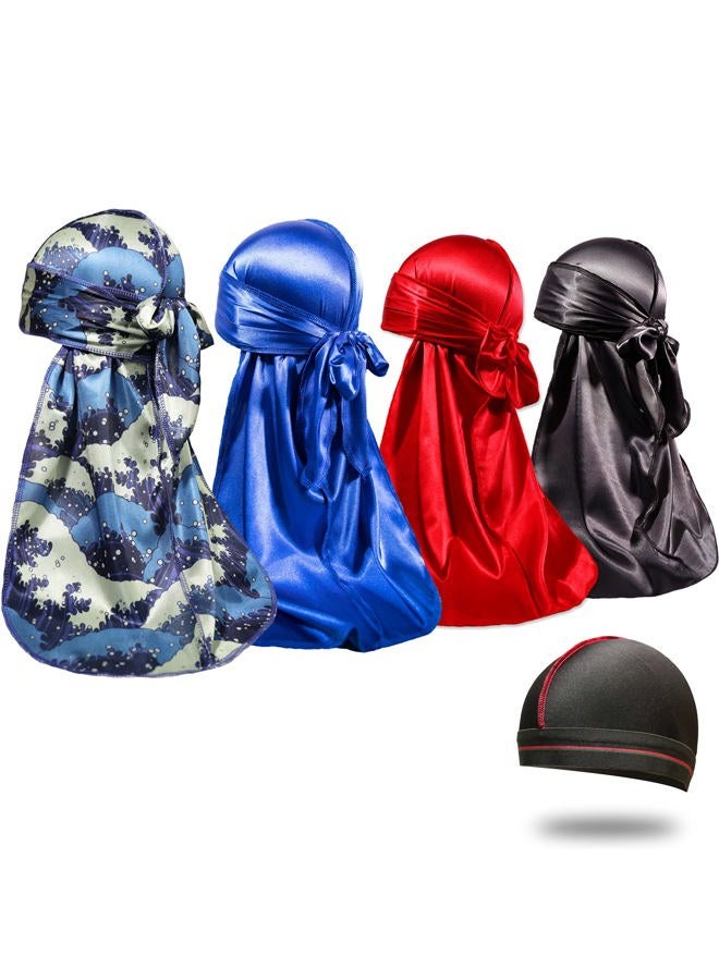 ForceWave 4PCS Silky Durags for Men 360 Waves, Designer Do Rag, Award 1 Wave Cap, Bluewave Blue Black Red, M - Image 1