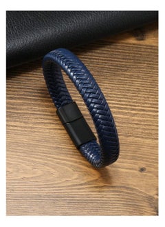 MARIO DRAFTS Men's Braided Leather Bracelet, Navy Blue with Black Magnetic Clasp  - Image 1