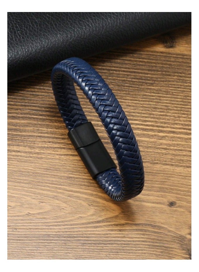 MARIO DRAFTS Men's Braided Leather Bracelet, Navy Blue with Black Magnetic Clasp - Image 1