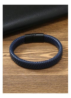 MARIO DRAFTS Men's Braided Leather Bracelet, Navy Blue with Black Magnetic Clasp  - Image 2